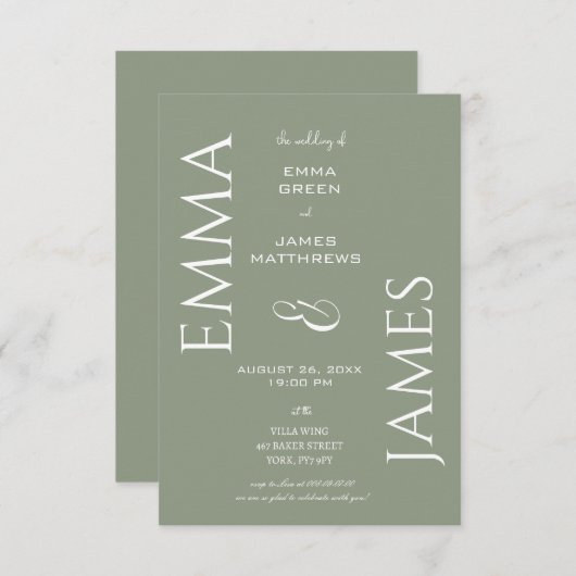 Elegante Sage Green, White Schriftart Bold Script Einladung (Vorne/Hinten)