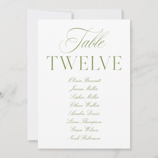 Elegante Sage Green & White Wedding Tischnummer (Vorderseite)