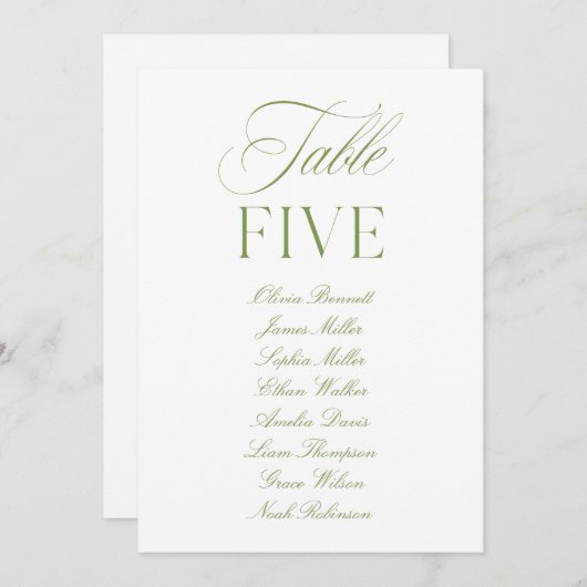 Elegante Sage Green & White Wedding Tischnummer (Vorne/Hinten)