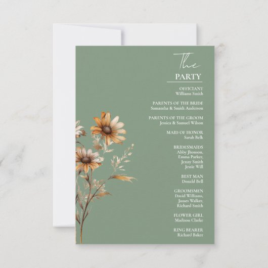 Elegante Sage Green Wildblume Wedding Program Card (Rückseite)