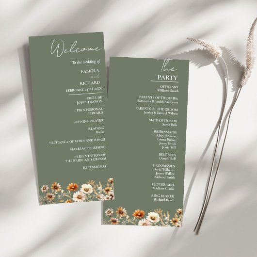 Elegante Sage Green Wildblume Wedding Program Card Einladung