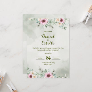 Elegante Sage-Grün Florale Wasserfarben Hochzeits Einladung