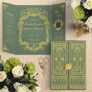 Elegante Sage-Grün-Gold-Prächtige-Tor-Hochzeit Dreifach Gefaltete Einladung