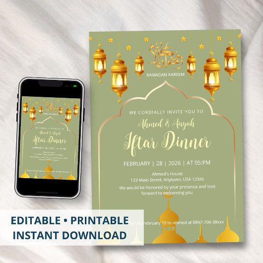 Elegante Sage-Grün- und Gold-Moschee-Bogen-Iftar Einladung