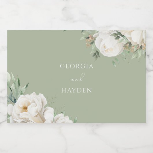 Elegante Sage Leaf & White Floral Wedding Schaumweinetikett (Einzelnes Label)
