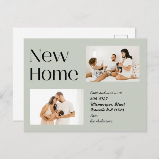 Elegante Sage Minimalistisch zwei Foto Neue Zuhaus Ankündigungspostkarte (Vorne/Hinten)