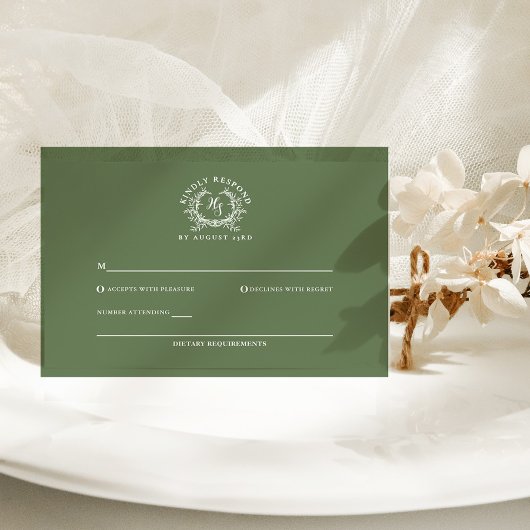 Elegante Sage Monogram Wappen Wedding RSVP Karte