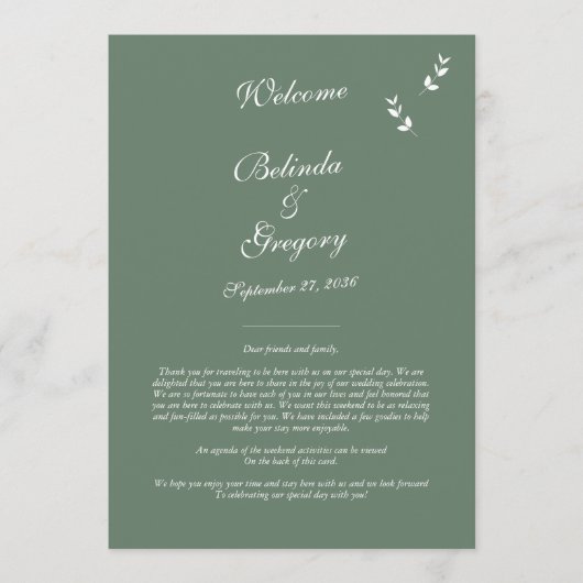 Elegante Sage Olive Green Script Hochzeitsreise Programm (Vorderseite)