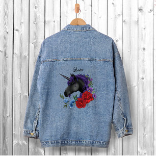 Elegante Sage-Schwarze-Einhorn-Blumen-Fantasie-Hoc Jeansjacke