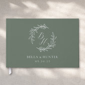Elegante Sage und Silver Monogram Wreath Wedding Gästebuch