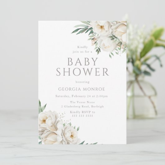 Elegante Sage & White Floral Baby Dusche Einladung (Stehend Vorderseite)