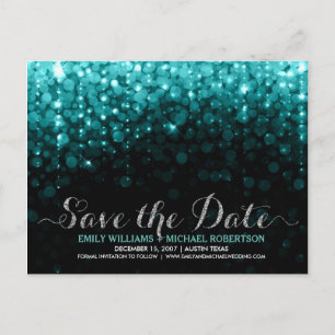 Elegante Saitenlichter türkis bokeh Save the Date Ankündigungspostkarte