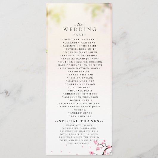 Elegante Sakura Rosa Blumenkirsche Blossom Hochzei Programm (Rückseite)