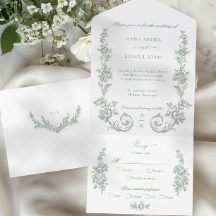 Elegante Salbei-Barockrosen-Hochzeit All In One Einladung