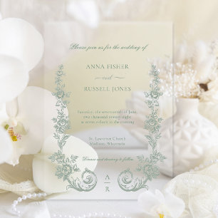Elegante Salbei-Barockrosen-Hochzeit Pergament Einladungen