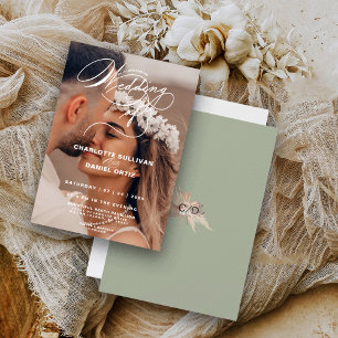 Elegante Salbei-Blumen-Boho-Hochzeit Foto Einladung