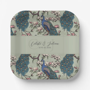 Elegante Salbei-Blumen-Pfau-Hochzeit Pappteller