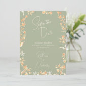 Elegante Salbei-Elfenbein-Script-Wildblumen-Foto Save The Date (Stehend Vorderseite)