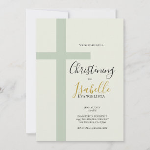 Elegante Salbei-Grün-Gold-Minimal-Kreuz-Taufe Einladung