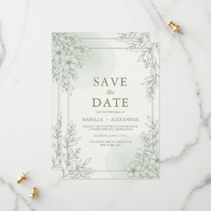 Elegante Salbei-Grün-Linienkunst-Blumen-Save-the- Save The Date