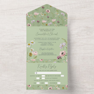 Elegante Salbei-Grün-Wildblumen-Botanik-Hochzeit  All In One Einladung
