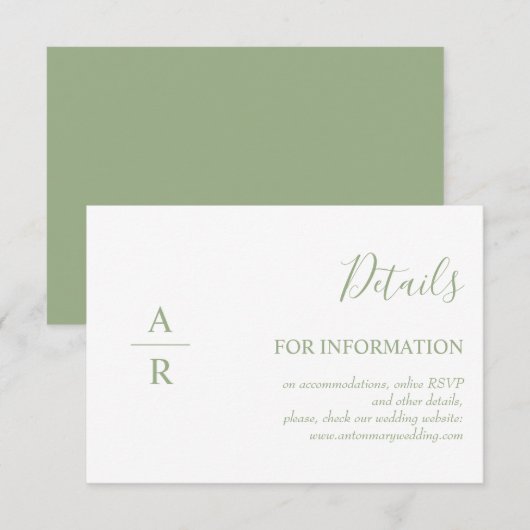 Elegante Salbei Initialen online Details Hochzeit Begleitkarte (Vorne/Hinten)