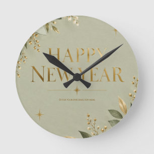 Elegante Salbei- und Gold-Frohes-Neues-Jahr-Grußka Runde Wanduhr