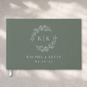Elegante Salbei- und Silberlaub-Monogramm-Hochzeit Gästebuch