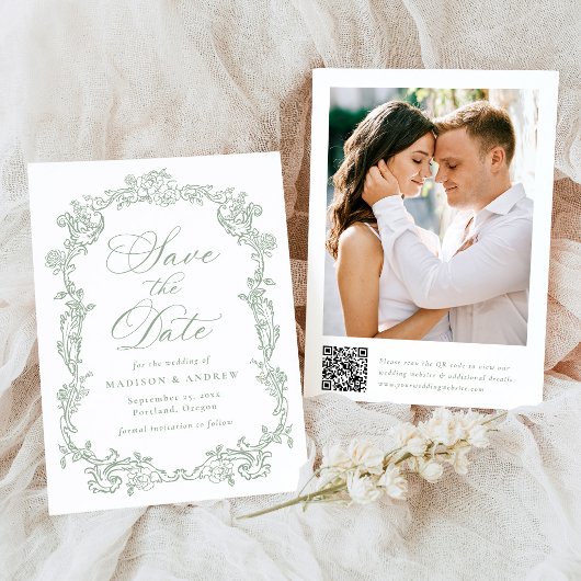 Elegante Salbei-Victorian-Blumen-QR-Code-Hochzeit Save The Date