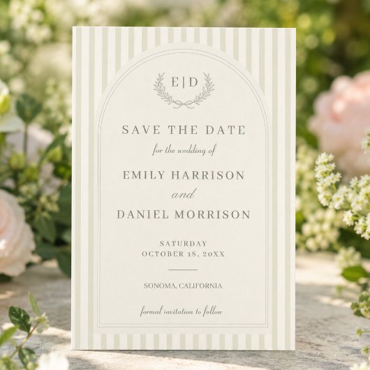 Elegante, salbeigrün gestreifte Monogramm-Hochzeit Save The Date