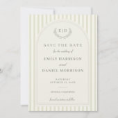 Elegante, salbeigrün gestreifte Monogramm-Hochzeit Save The Date (Vorderseite)