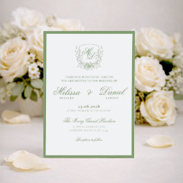 Elegante Salbeigrüne Botanische Wappen-Hochzeit Einladung