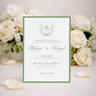 Elegante Salbeigrüne Botanische Wappen-Hochzeit Einladung