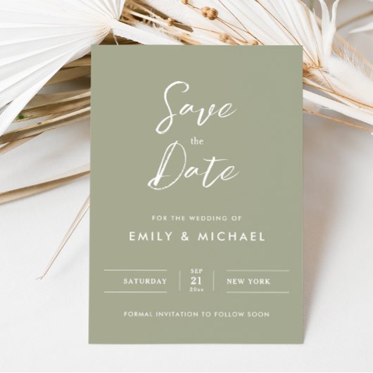 Elegante Salbeigrüne Einfache Schrift Hochzeit Save The Date