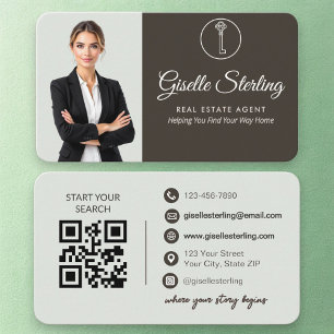 Elegante Salbeigrüne Foto-Immobilienmakler-QR-Code Visitenkarte