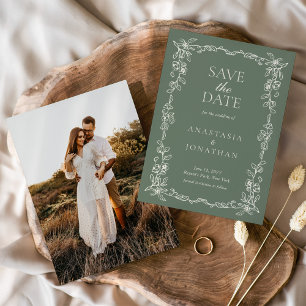 Elegante Salbeigrüne Foto Vintage-Hochzeit Save The Date
