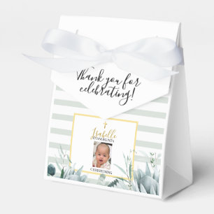 Elegante Salbeigrüne Gold-Foto-Taufe Geschenkschachtel