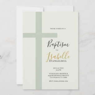 Elegante Salbeigrüne Gold-Minimal-Kreuz-Taufe Einladung
