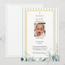 Elegante Salbeigrüne Goldene Foto-Tauf-Einladung