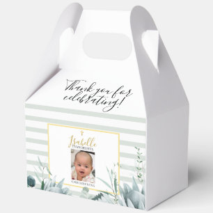 Elegante Salbeigrüne Goldene Foto-Taufe Geschenkschachtel