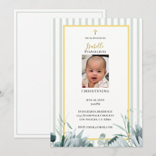 Elegante Salbeigrüne Goldene Foto-Taufeinladung Einladung