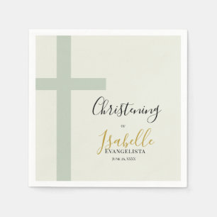 Elegante Salbeigrüne Goldene Minimale Kreuz-Taufe Serviette