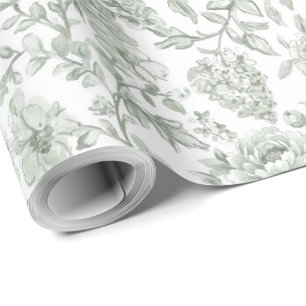 Elegante Salbeigrüne Rosenblüten Geschenkpapier