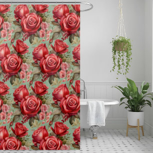 Elegante Salbeigrüne rote Rosen Duschvorhang