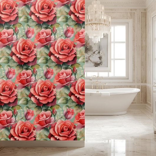 Elegante Salbeigrüne rote Rosen Duschvorhang