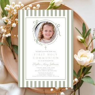 Elegante Salbeigrüne Schleife Foto Mädchen Erstkom Einladung