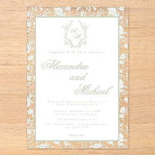 Elegante, salbeigrüne Toile-Blumen-Monogramm-Hochz Acryleinladungen