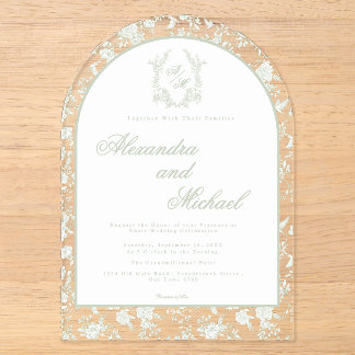 Elegante Salbeigrüne Toile-Blumenmonogramm Acryleinladungen