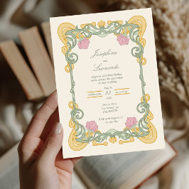 Elegante Salbeigrüne und Goldene Art Nouveau Einla Einladung