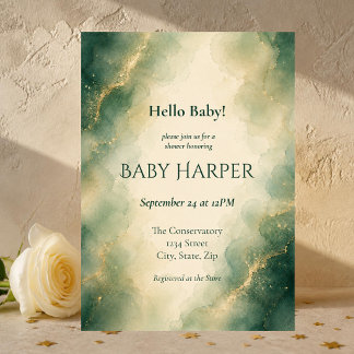 Elegante Salbeigrüne und goldene Wasserfarben-Baby Einladung